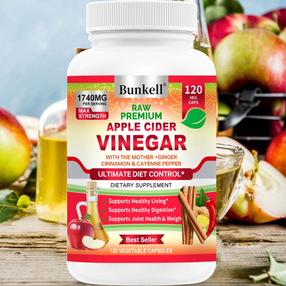 Apple Cider Vinegar Capsules Max 1740mg with Mother - 100% Natural & Raw with Cinnamon, Ginger & Cayenne Pepper - Ideal for Healthy Living, Detox & Digestion -120 Vegan Pills