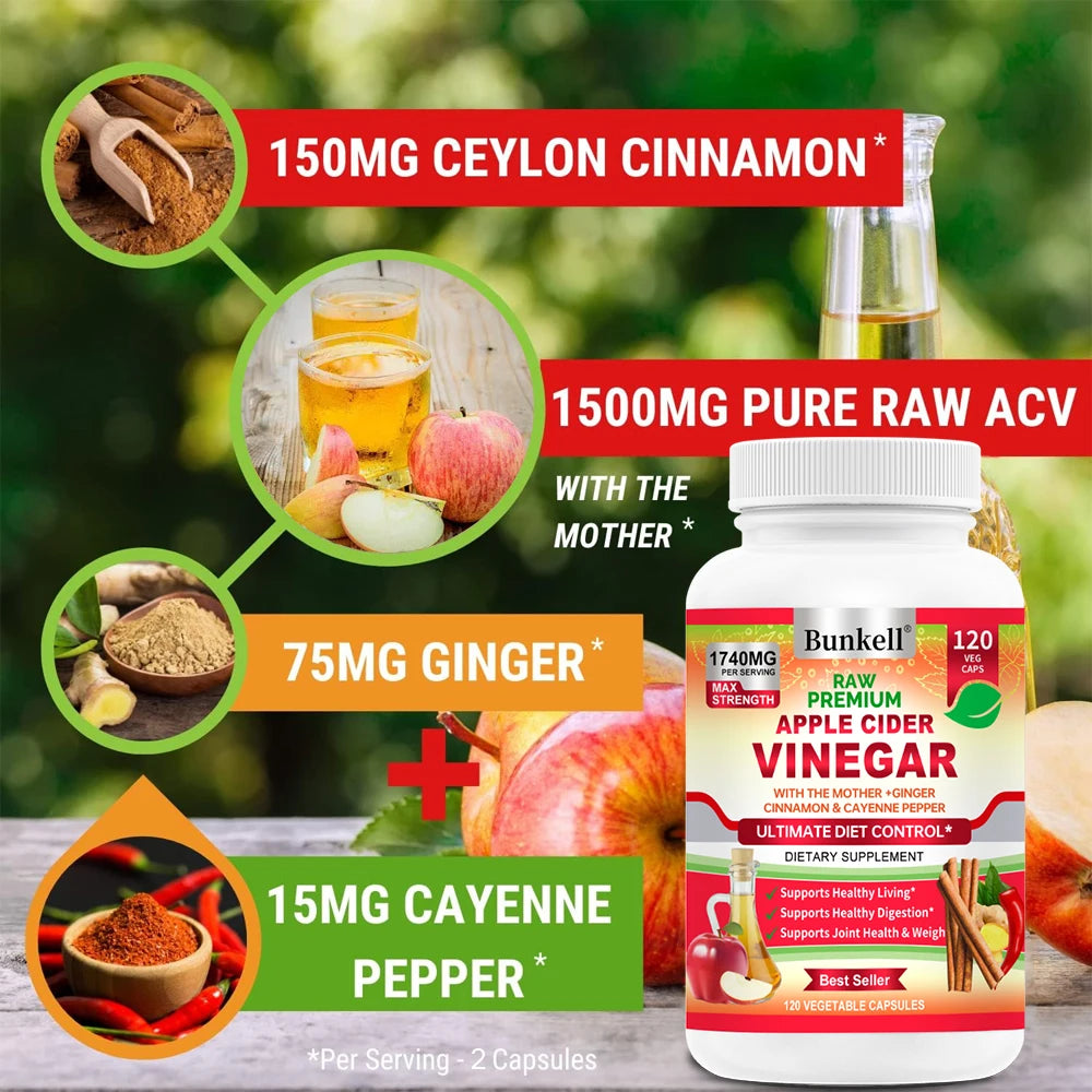 Apple Cider Vinegar Capsules Max 1740mg with Mother - 100% Natural & Raw with Cinnamon, Ginger & Cayenne Pepper - Ideal for Healthy Living, Detox & Digestion -120 Vegan Pills