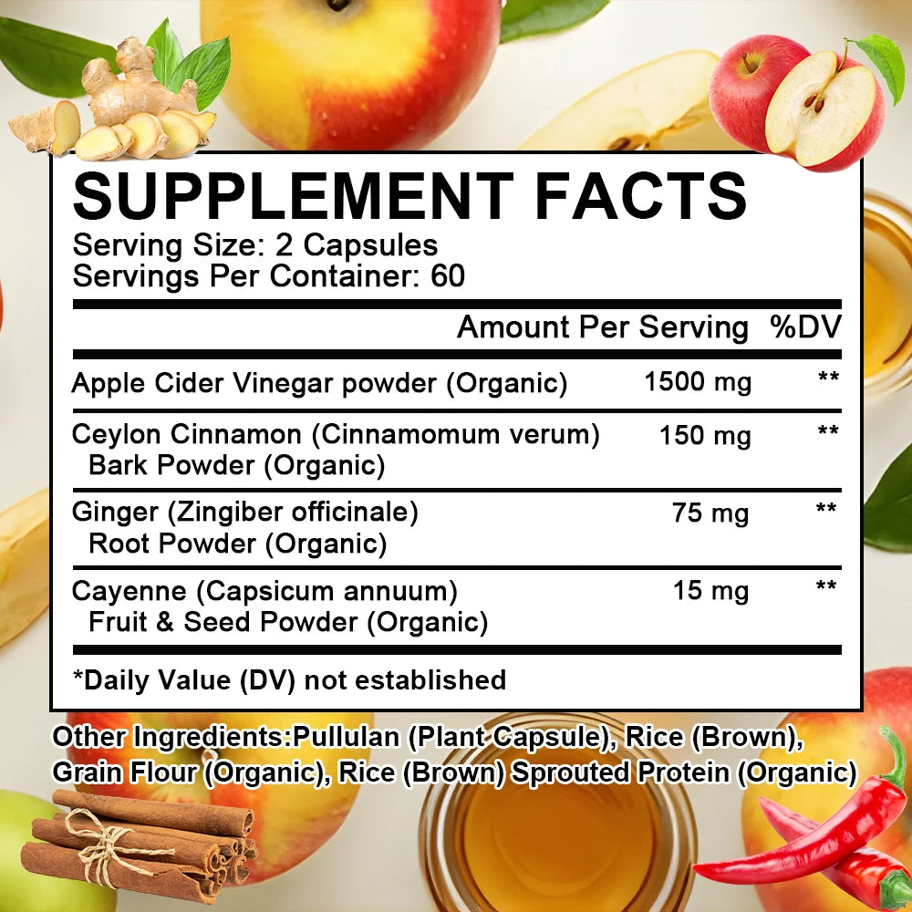 Apple Cider Vinegar Capsules Max 1740mg with Mother - 100% Natural & Raw with Cinnamon, Ginger & Cayenne Pepper - Ideal for Healthy Living, Detox & Digestion -120 Vegan Pills