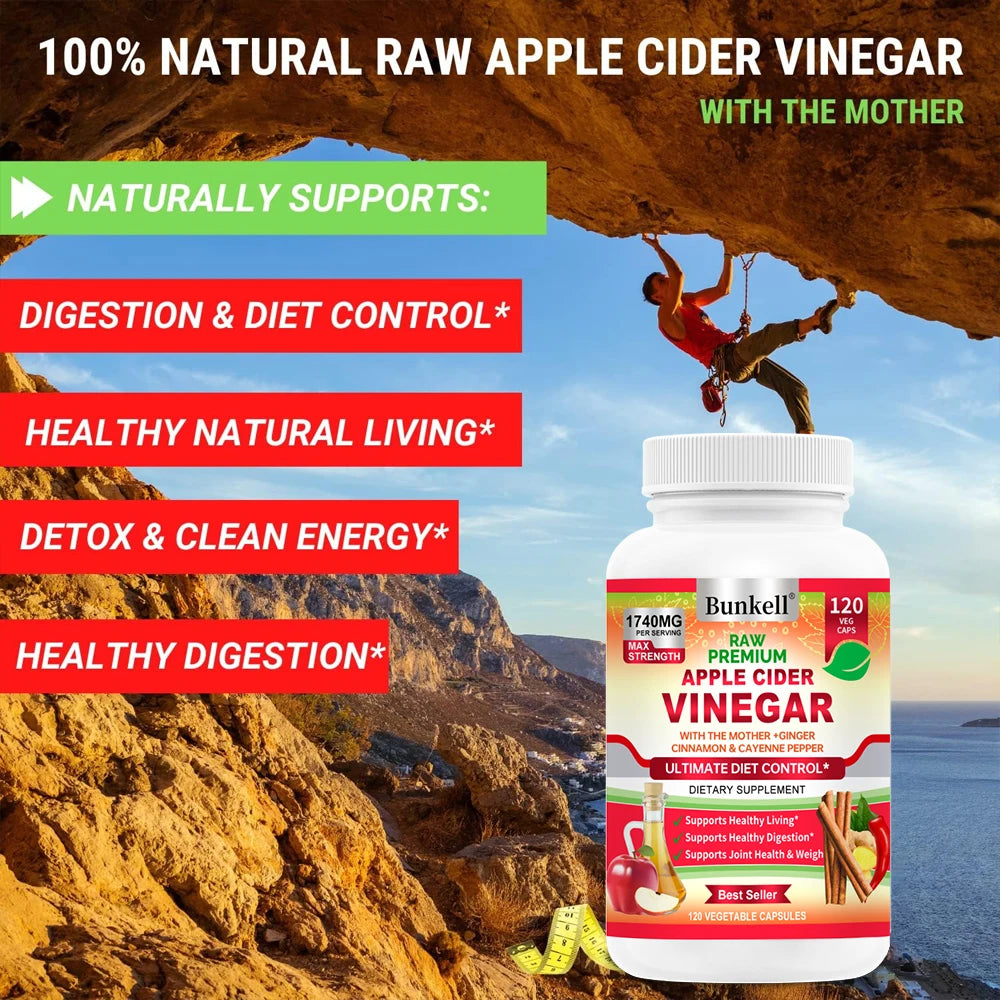 Apple Cider Vinegar Capsules Max 1740mg with Mother - 100% Natural & Raw with Cinnamon, Ginger & Cayenne Pepper - Ideal for Healthy Living, Detox & Digestion -120 Vegan Pills